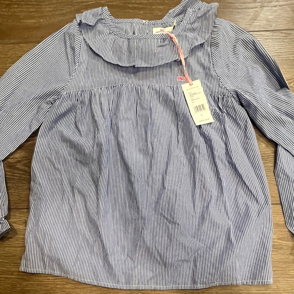 Vineyard Vines Girls Striped Ruffle Top New With Tags Blue/White Stripe Sz L